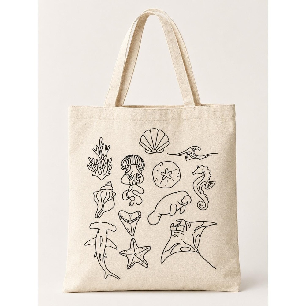 Ocean Life Line Art Canvas Tote Bag Cream Nautical Manatee Stingray Shells Beach